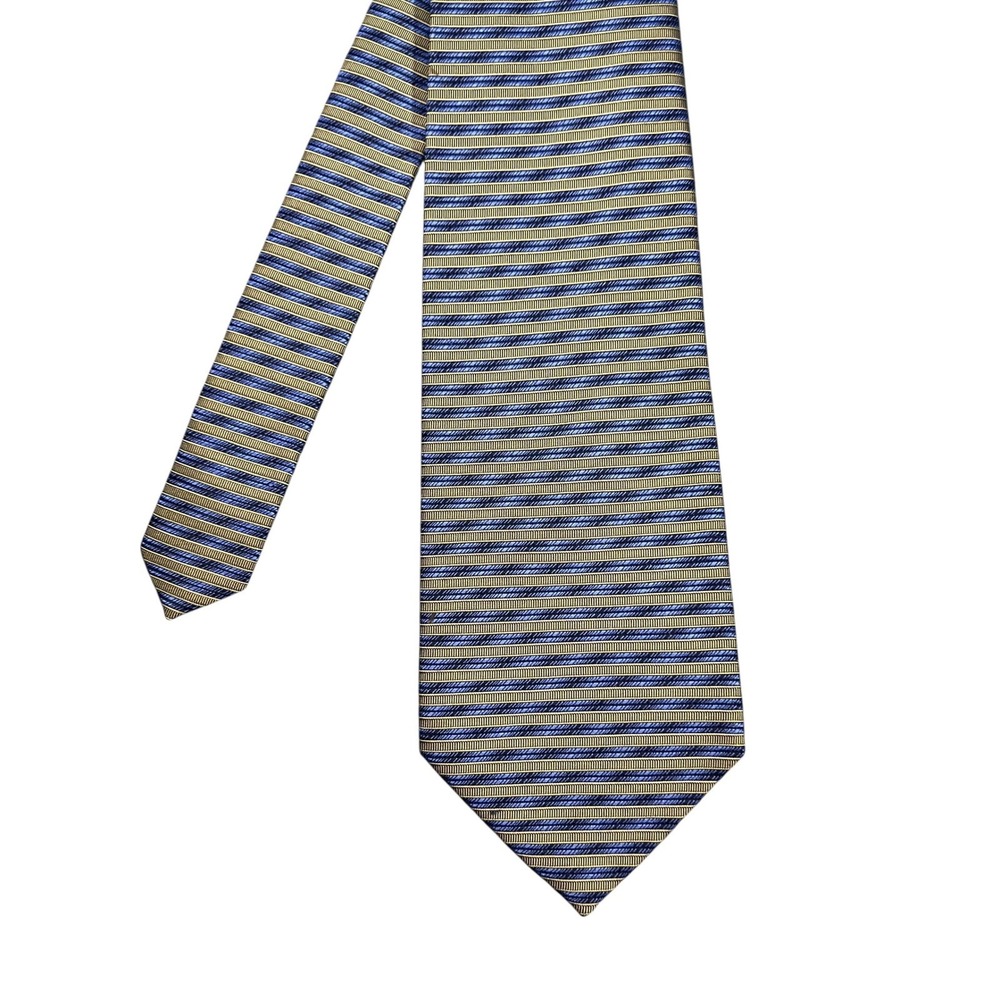 Kenneth Cole Blue Gold Striped Necktie Mens OS Silk Hand Made Business